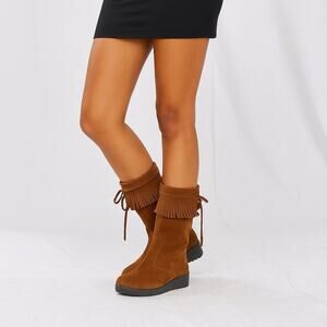 Mini Boden Suede Fringe Boots Women EU 39 US 8 Mid Calf Leather Western Boho
